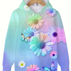 Flower Print Hooded Pullover Sweatshirt for Kids