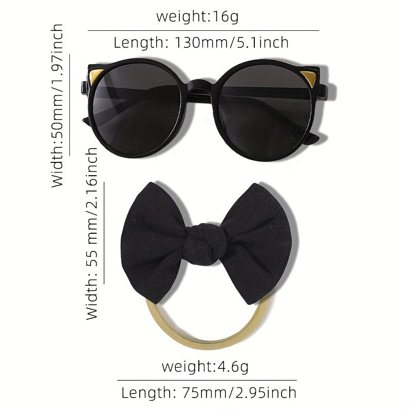 Girl's Solid Bowknot Headbands and Cat Sunglasses Set