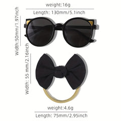 Girl's Solid Bowknot Headbands and Cat Sunglasses Set