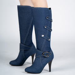 Women's Denim Heeled Long Boots Canvas Knee High Boots
