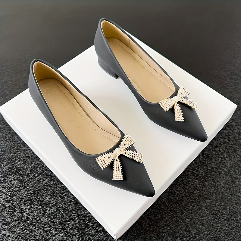 Women's Rhinestone Bowknot Slip-On Low Heel Point Toe Shoes