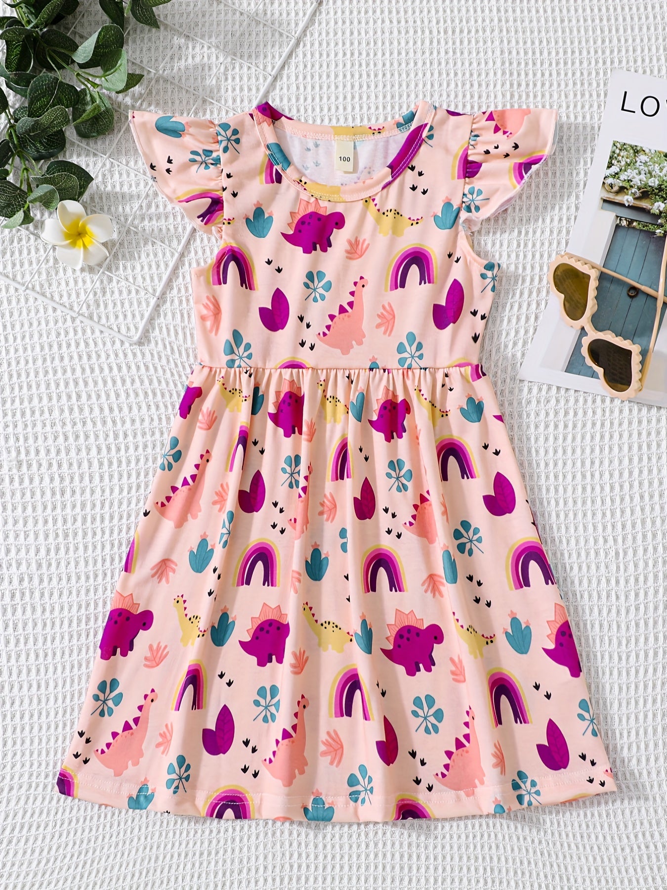 Rainbow Cactus Print Dress Girls Western Style Comfort Fit Summer Spring