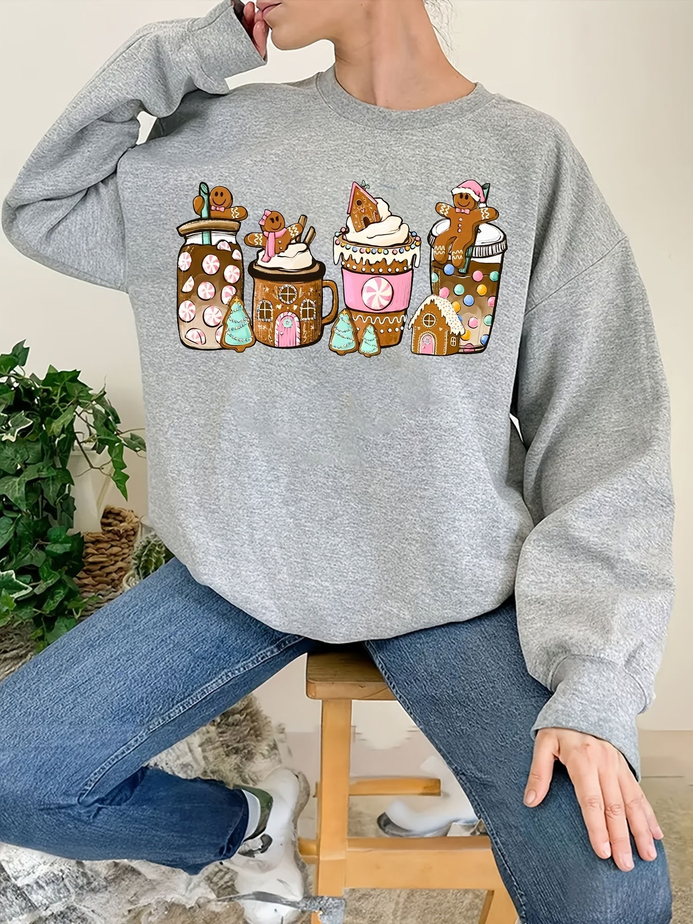 Christmas Coffee Print Loose Sweatshirt Casual Long Sleeve