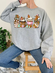 Christmas Coffee Print Loose Sweatshirt Casual Long Sleeve