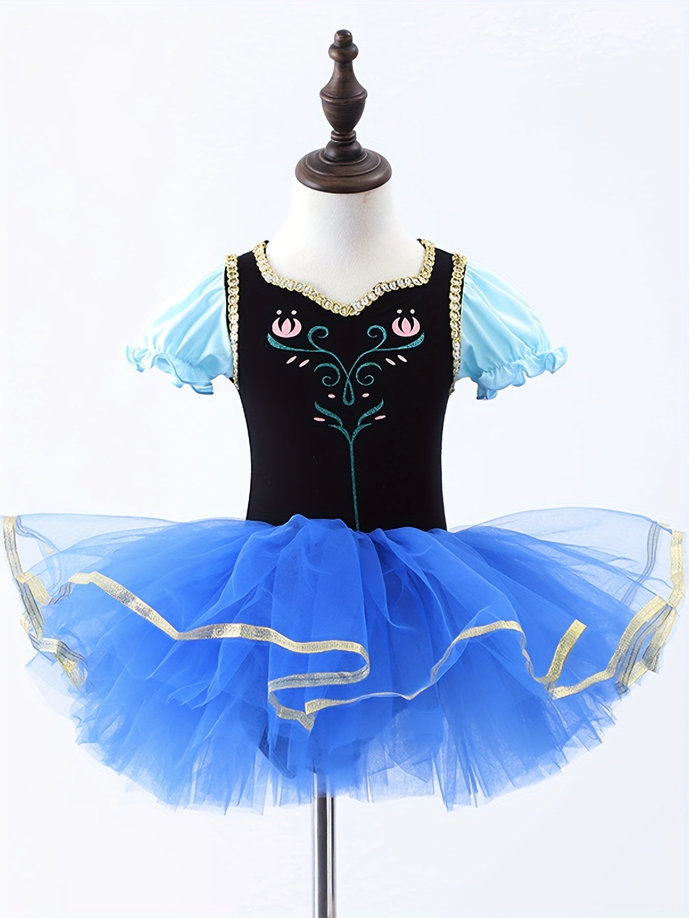 Girls Floral Embroidery Tulle Tutu Mesh Puff Sleeve Princess Ballet Dance Dress