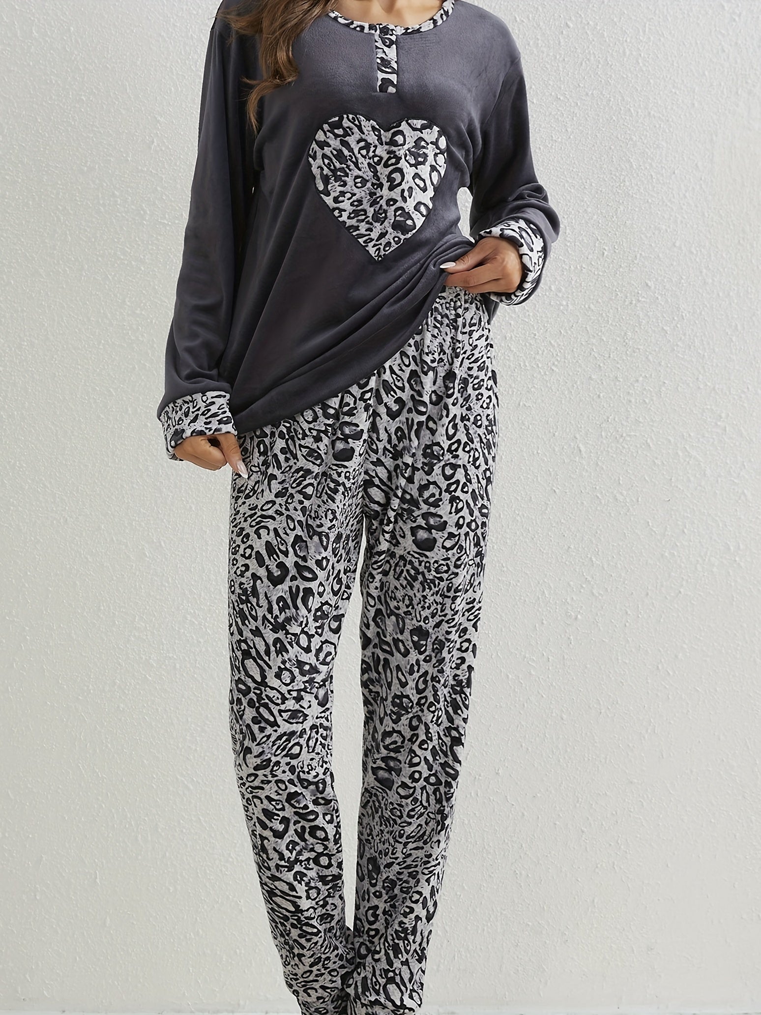 Heart Leopard Pajama Set Long Sleeve Crew Neck Top & Elastic Waistband Pants