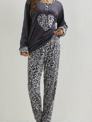 Heart Leopard Pajama Set Long Sleeve Crew Neck Top & Elastic Waistband Pants