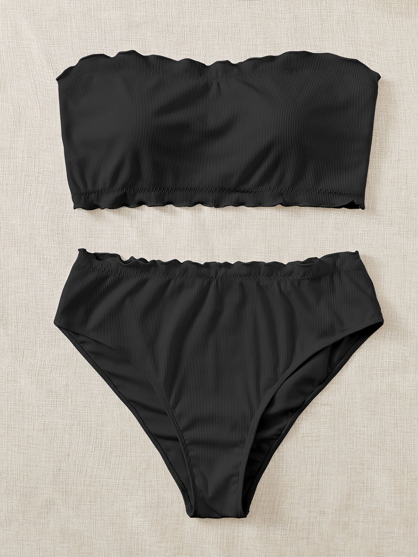 Bikini Set Solid Wave Trim Tube Bra & Panty Swimsuit 2 Piece Set