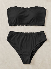 Bikini Set Solid Wave Trim Tube Bra & Panty Swimsuit 2 Piece Set
