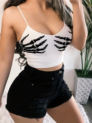 Grunge Skeleton Print Spaghetti Top Sexy Sleeveless Cropped Summer Top