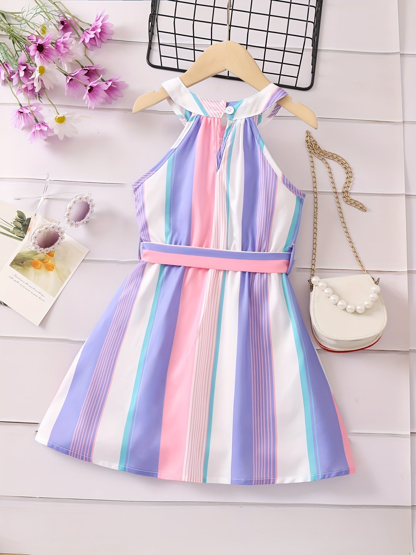 Toddler Girls Striped Sleeveless Belted Princess Dress for Party Beach Vacation