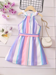 Toddler Girls Striped Sleeveless Belted Princess Dress for Party Beach Vacation