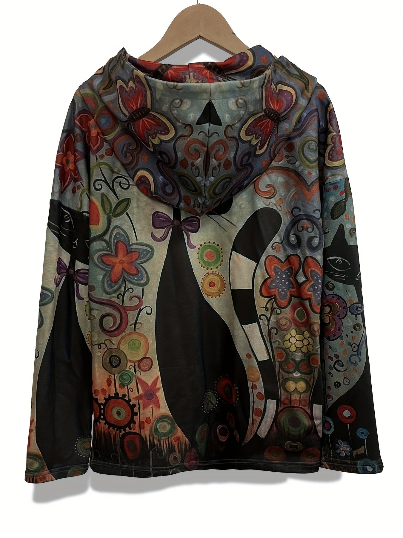 Cartoon Cat Print Hoodie Sweatshirt for Women