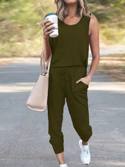 Solid Two piece Pants Set Crew Neck Tank Top & Drawstring Pants