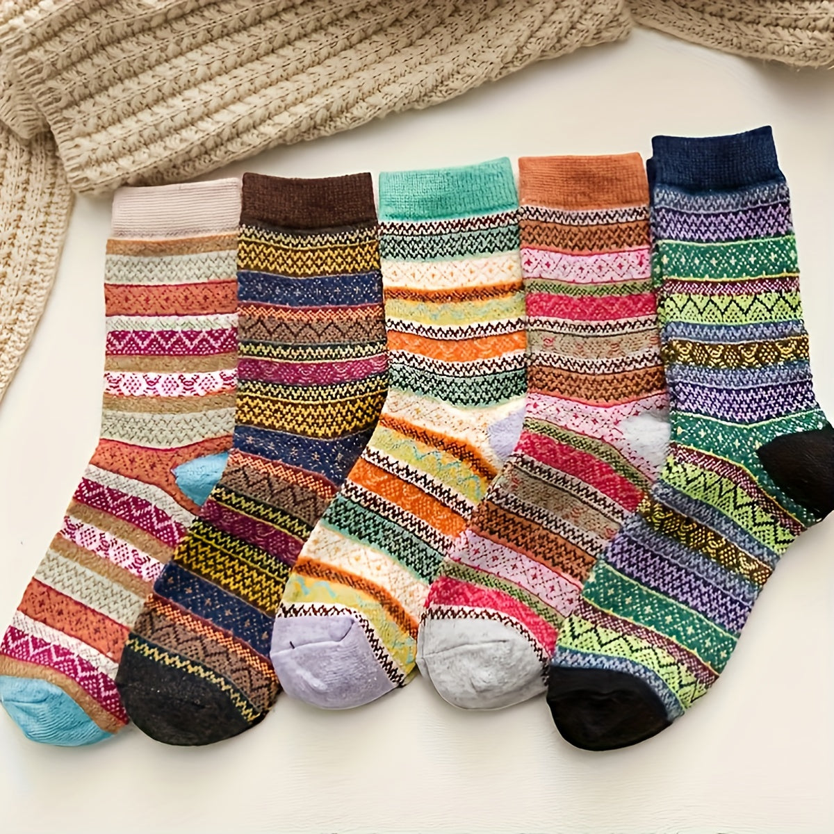 5 Pairs Geometric Pattern Colorblock Crew Socks Women's Stockings
