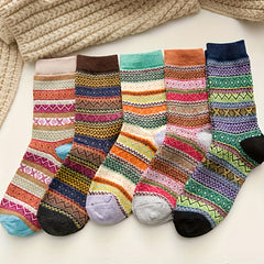 5 Pairs Geometric Pattern Colorblock Crew Socks Women's Stockings