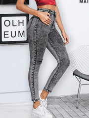 Grey Snowflake Fabrics Skinny Jeans Ripped Knee High Rise Cropped Denim Pants