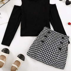 Girls Cold Shoulder Long Sleeve Top Houndstooth Skirt Set