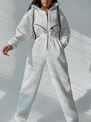 Drawstring Hooded Jumpsuit Long Slipper Zippered Pocket Sports Catsuit