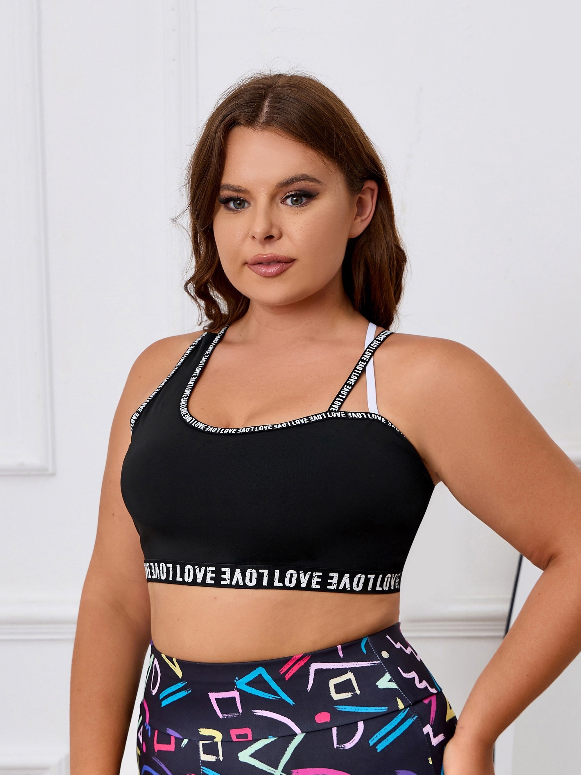 Sports Bra Women's Plus Letter Print Split Strap Criss Cross Back