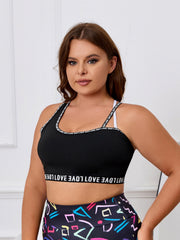Sports Bra Women's Plus Letter Print Split Strap Criss Cross Back