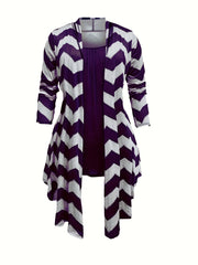 Women's Plus Wave Trim Long Sleeve Coat & Top & Leggings Set