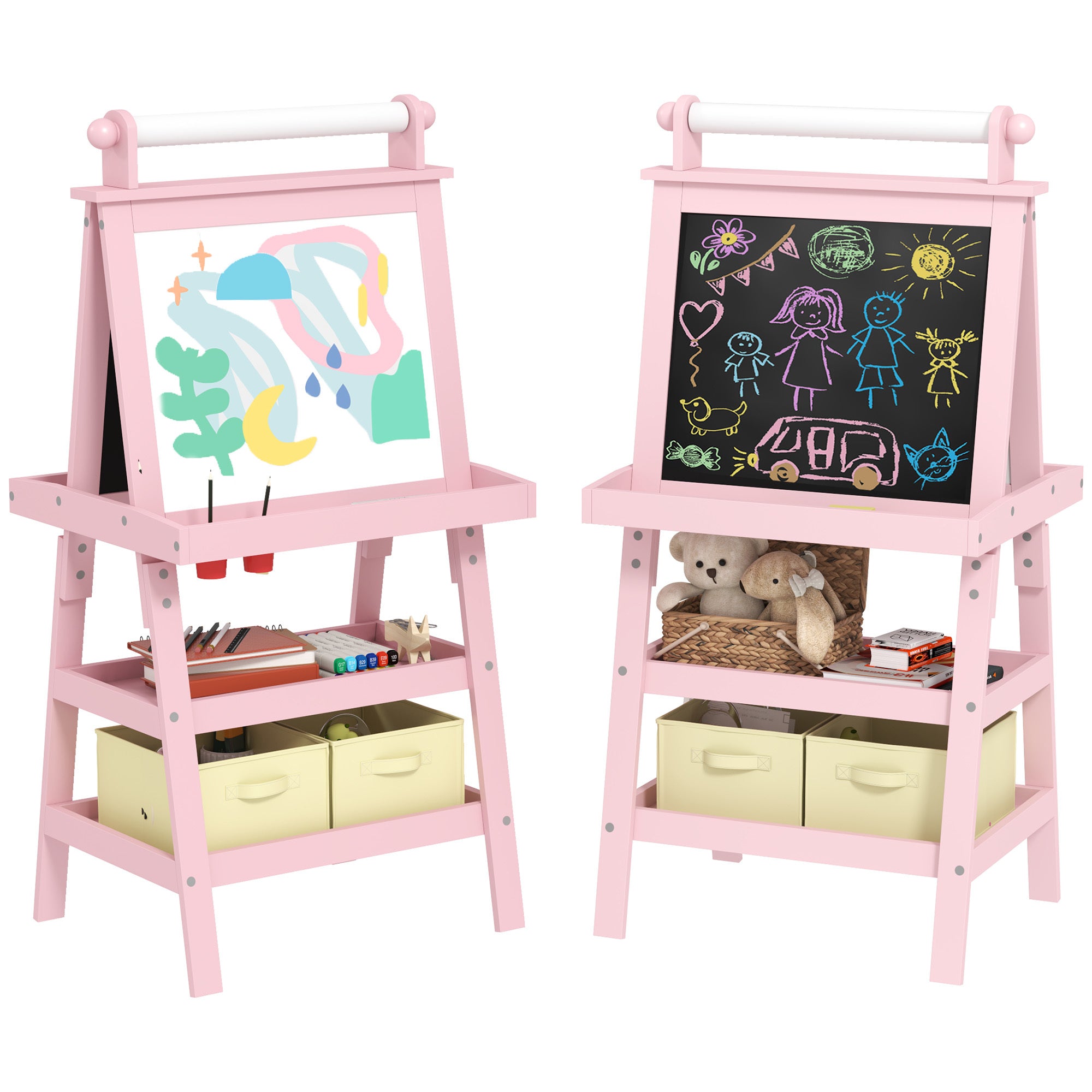 Kids Art Easel with Paper Roll, 3-in-1 Double-Sided Whiteboard & Chalkboard