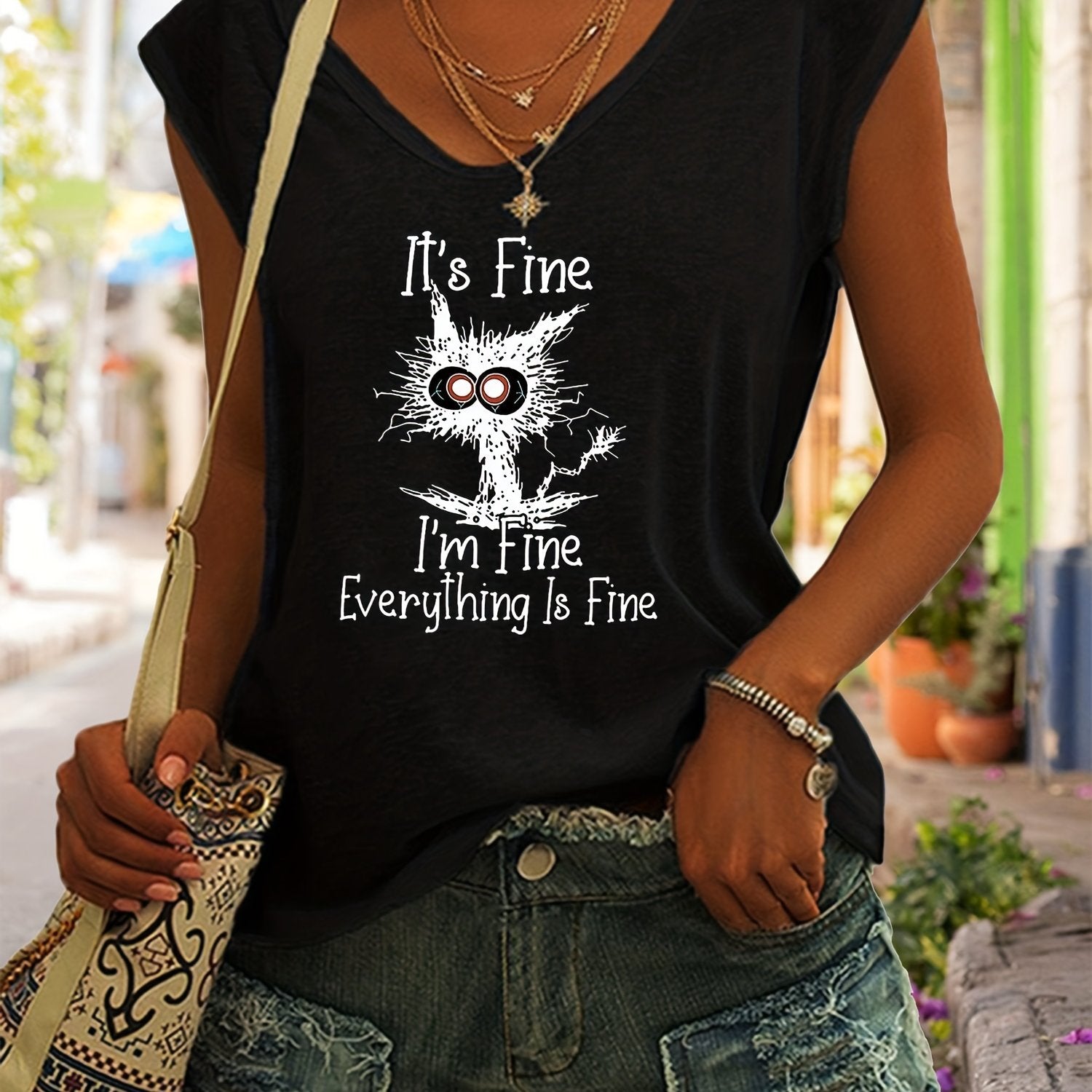 Fine Print Tank Top Sleeveless Casual Top for Summer & Spring Women's