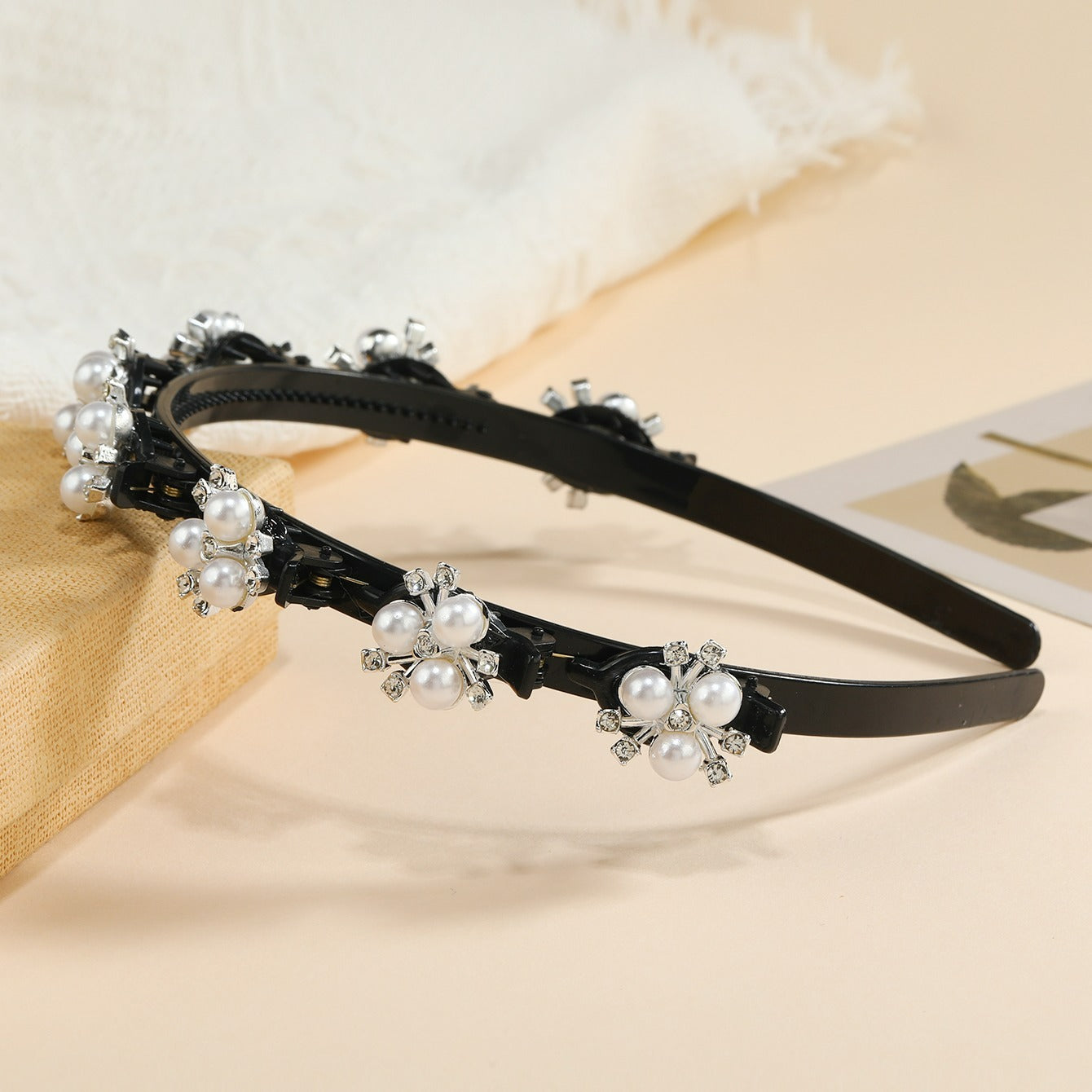 Faux Pearl Hair Band Weave Bangs Clips Bridal Crown Ti