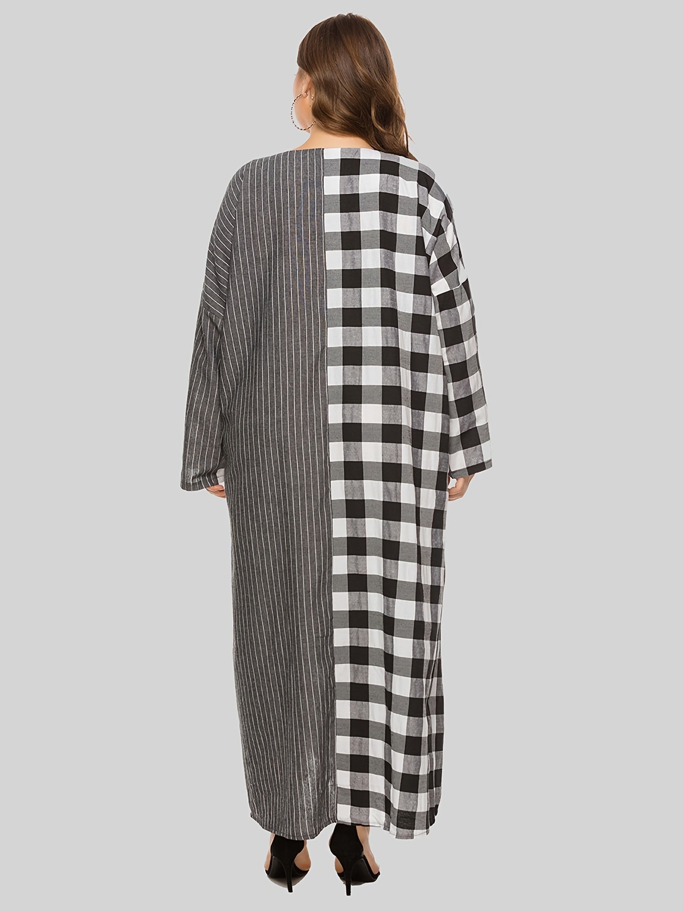 Colorblock Plaid Pattern Maxi Dress Women's Plus Casual V Neck Long Dress