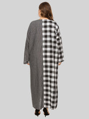 Colorblock Plaid Pattern Maxi Dress Women's Plus Casual V Neck Long Dress