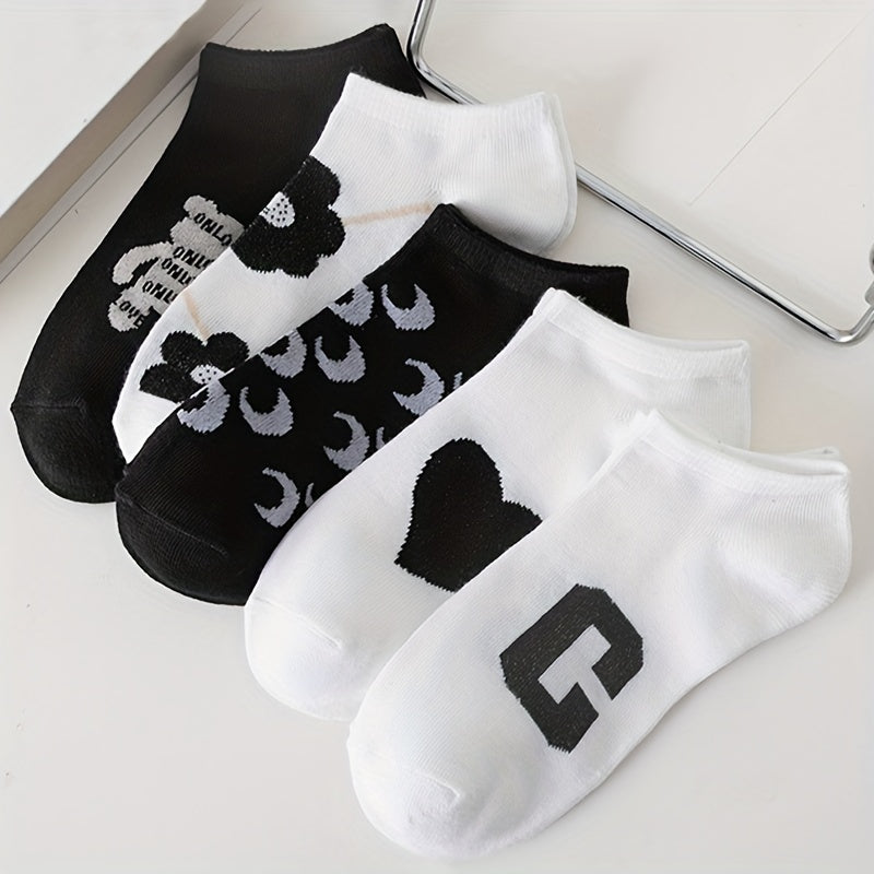 5 Pairs Letter & Floral Print Socks Crew Ankle Women's Stockings