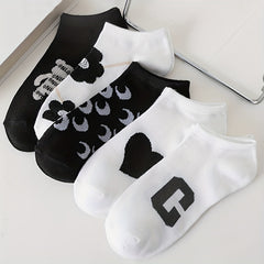 5 Pairs Letter & Floral Print Socks Crew Ankle Women's Stockings