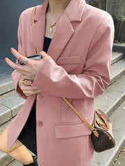 Solid Button Front Blazer Lapel Long Sleeve Blazer