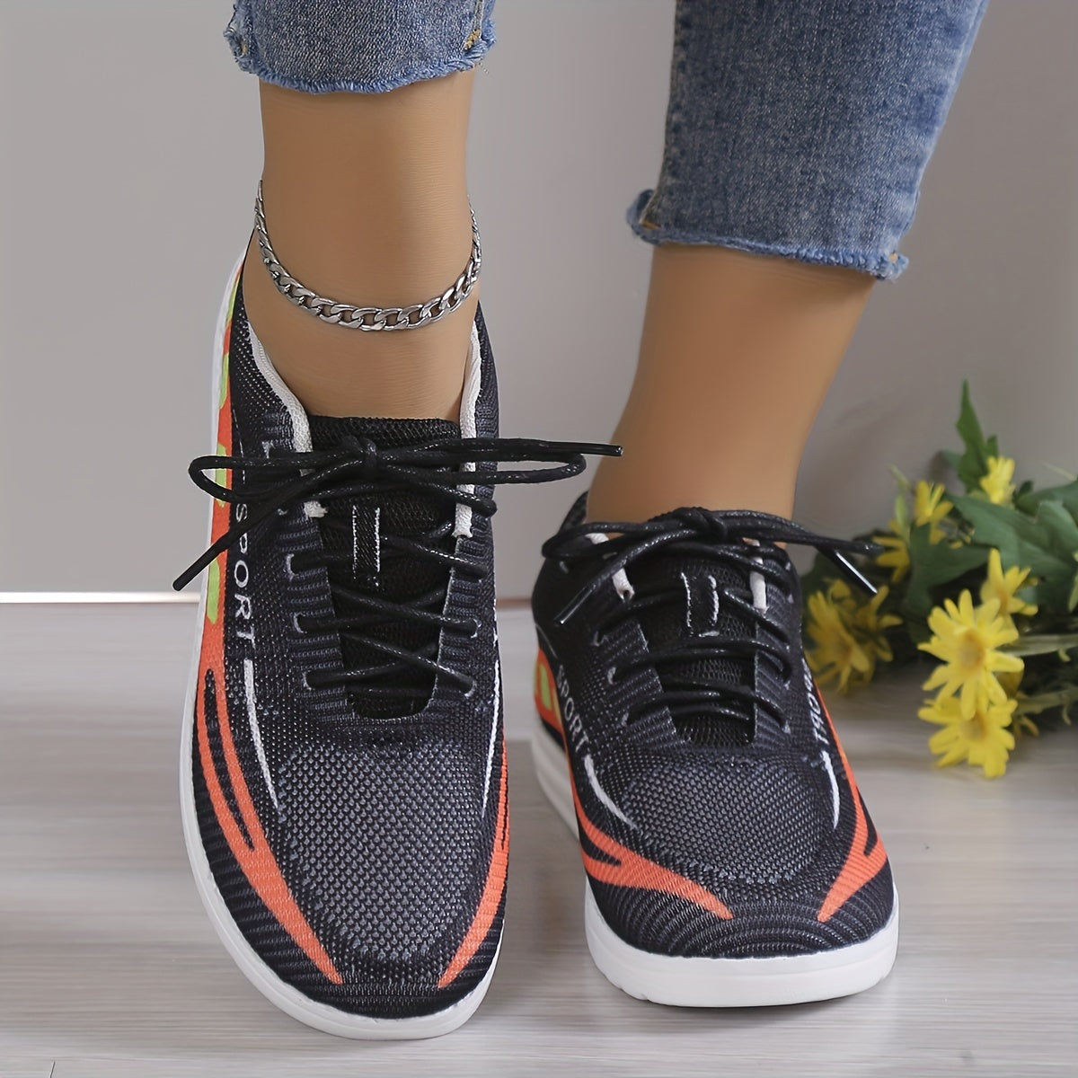 Women's Geometric Pattern Sneakers Lace Up Low Top Knit Mesh Shoes