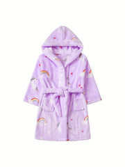 Girls Unicorn Rainbow Hooded Bathrobe Soft Warm Pockets Belt Robe Pyjamas