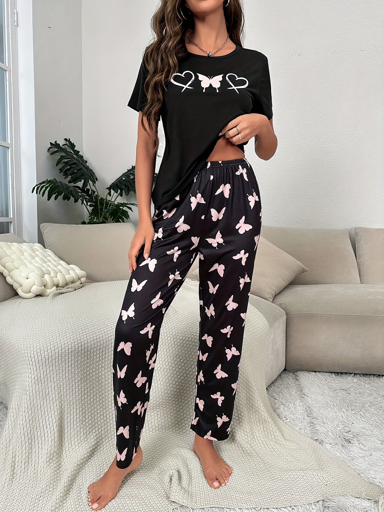 Butterfly & Heart Print Pajama Set Short Sleeve Top & Pants