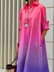 Plus Ombre Long Sleeve Collar Shirt Dress With Pocket