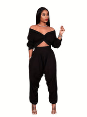 Solid Off Shoulder Crop Top & Pants Set Plus Size