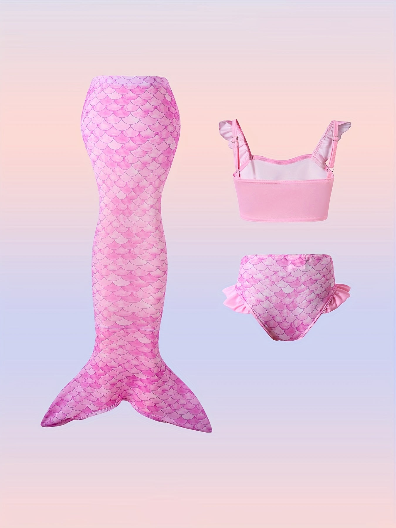 3pcs Fish Scale Print Mermaid Swimsuit Set for Girls