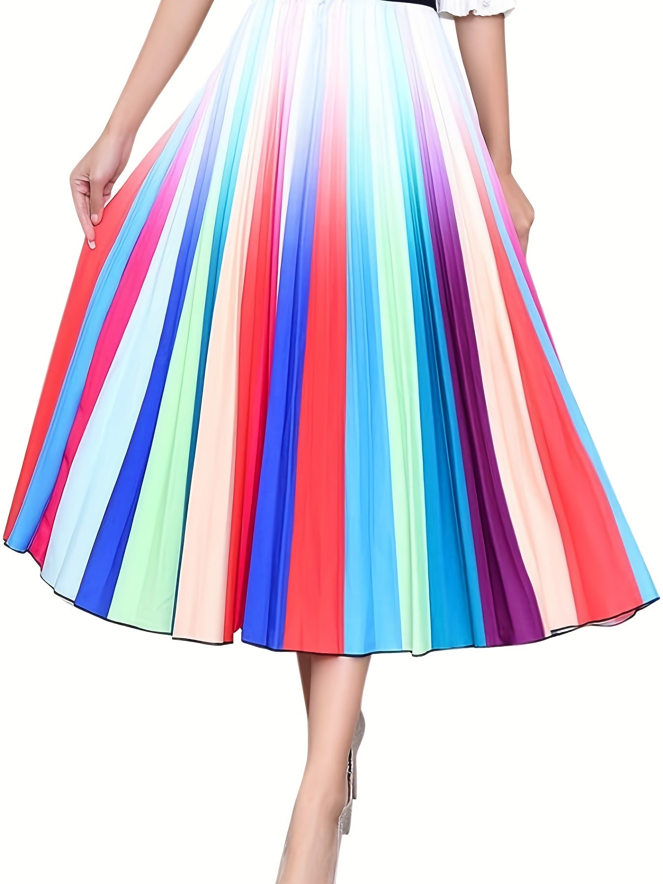 Women's Plus Ombre Stripe Print High Rise Pleated Maxi Skirt