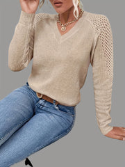 Eyelet Cutout Knitted Pullover Top V Neck Sweater for Women