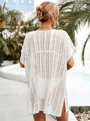 Crochet Side Split Cover Up Dress Short Sleeve Boho Beach Coverup
