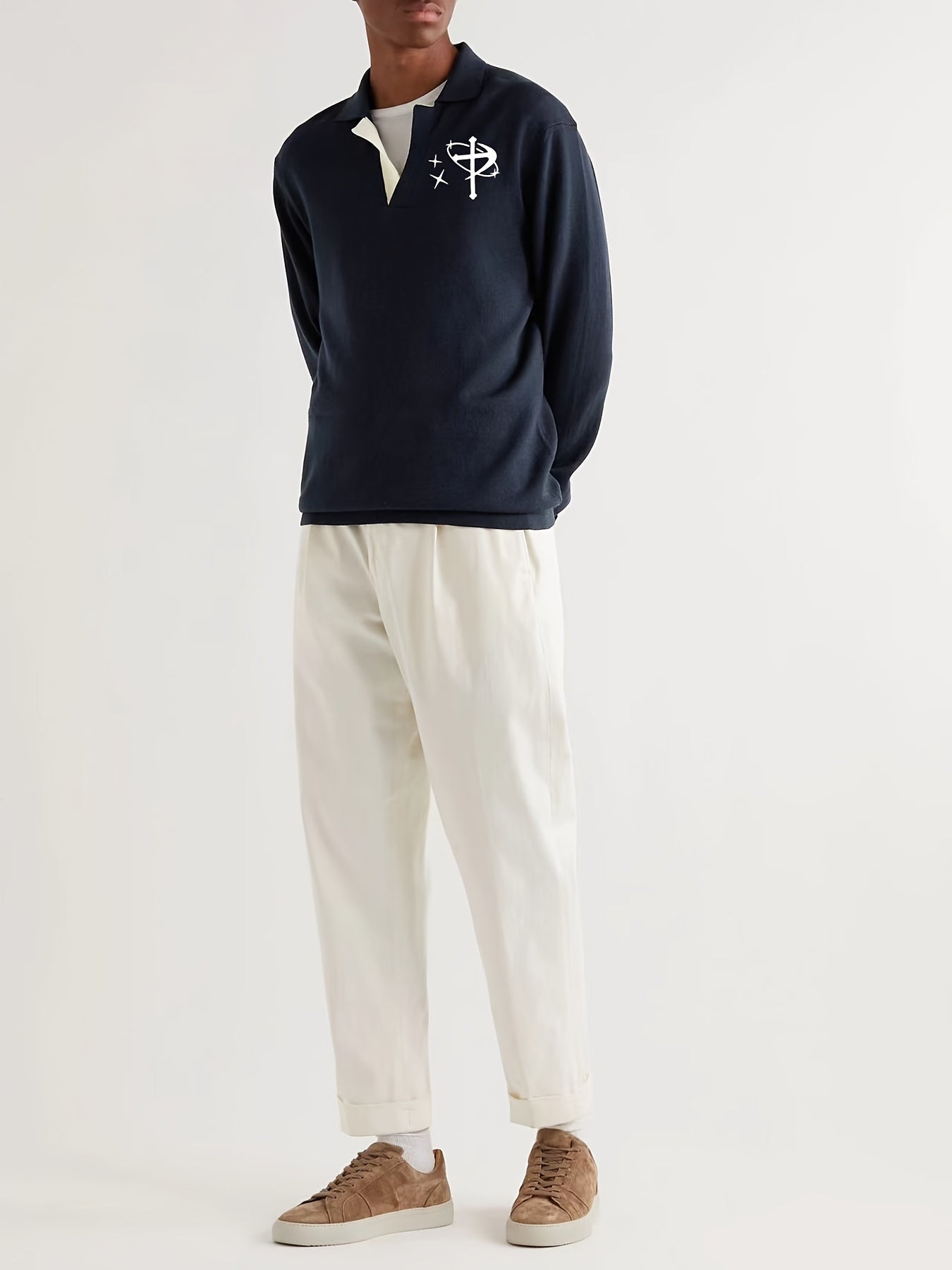 Men's Star & Cross Pattern Knit Polo Shirt Stretch V Neck Sweater