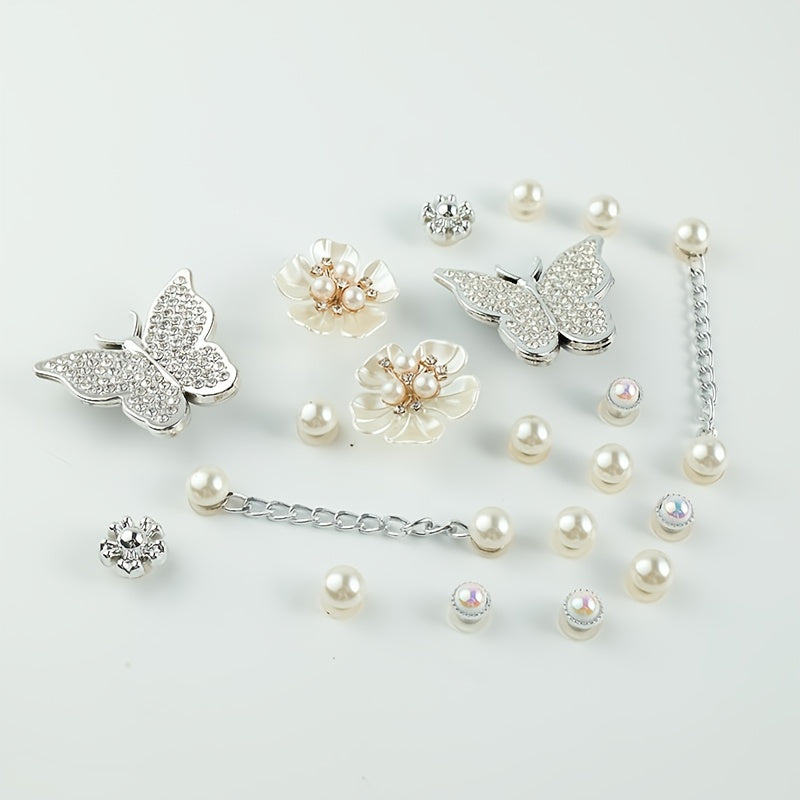 Pearl Flower Silver Butterfly Shoe Accessories Set