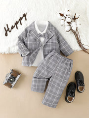 Baby Boy Plaid Suit Jacket & Bow & Shirt & Trousers Set
