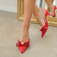 Women's Rhinestone Bow Slip On Stiletto Sandals