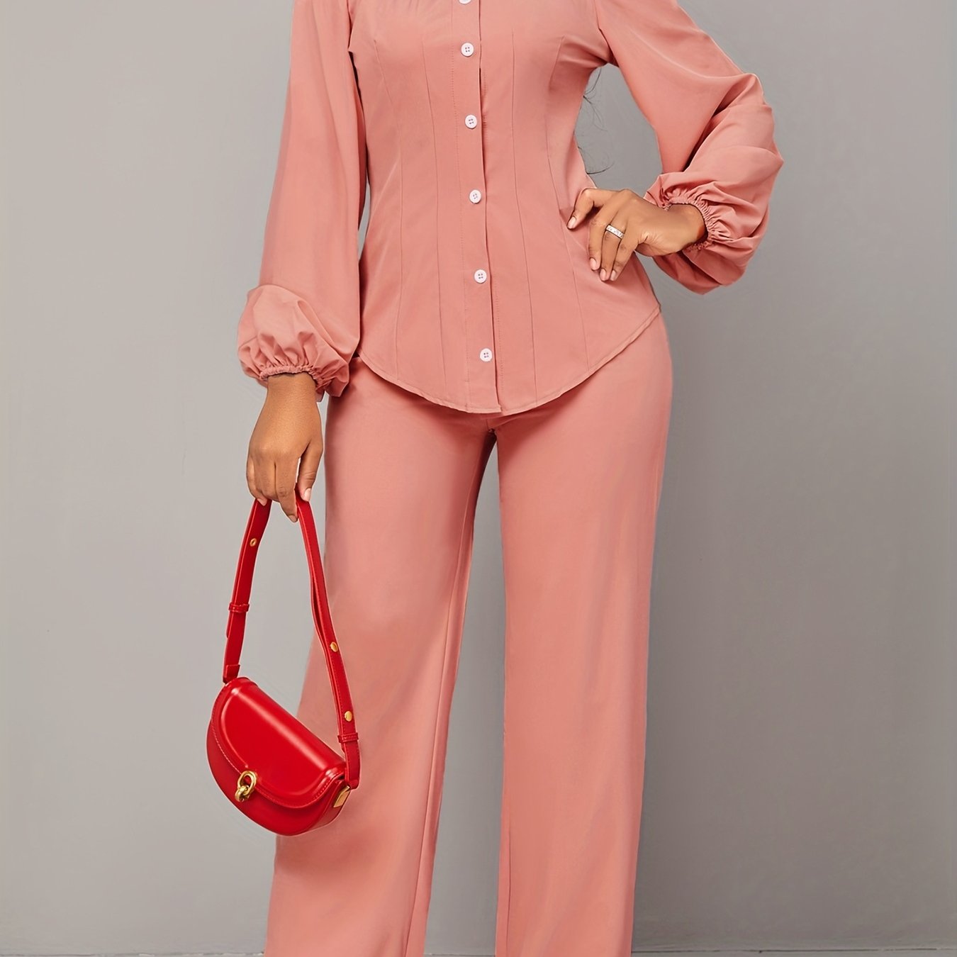 Causal Two piece Set Off Shoulder Lantern Sleeve Button Top & Straight Leg Pants