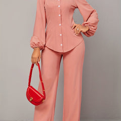 Causal Two piece Set Off Shoulder Lantern Sleeve Button Top & Straight Leg Pants