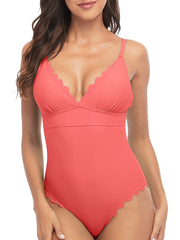 V Neck One Piece Swimsuit Scallop Trim Bow Tie Back